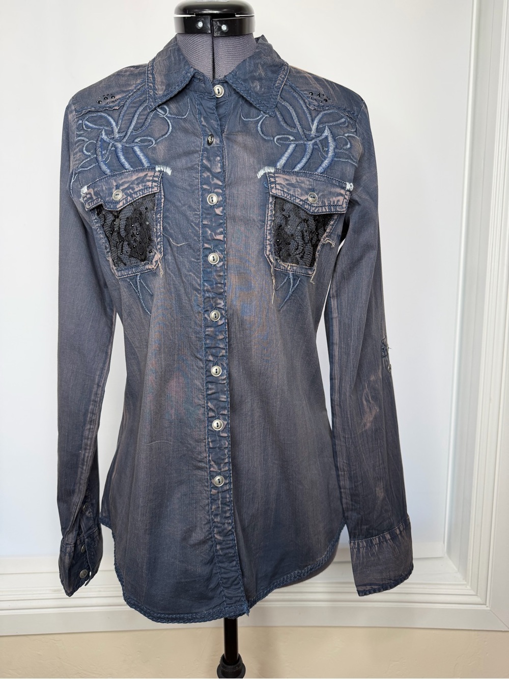 Roar Indigo Blue Embroidered Button-Up Western Shirt